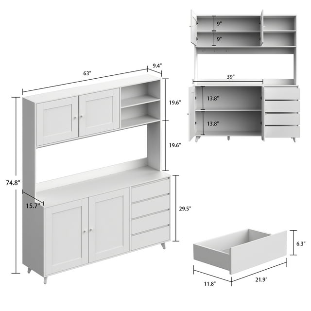 MONSLIPA Kitchen Pantry Storage Cabinet, Kitchen Hutch Sideboard Buffet Cabinet Wood Cupboard with Glass Door and 4 Storage Drawers, Walnut