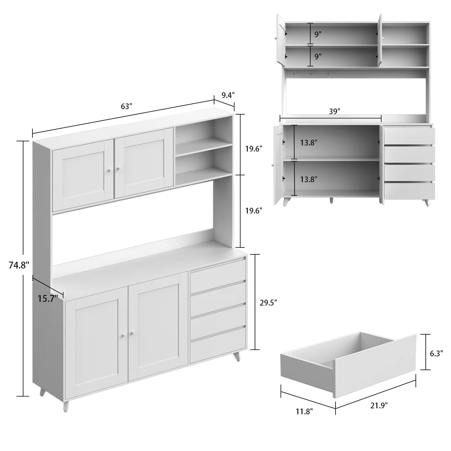 MONSLIPA Kitchen Pantry Storage Cabinet, Kitchen Hutch Sideboard Buffet Cabinet Wood Cupboard with Glass Door and 4 Storage Drawers, White