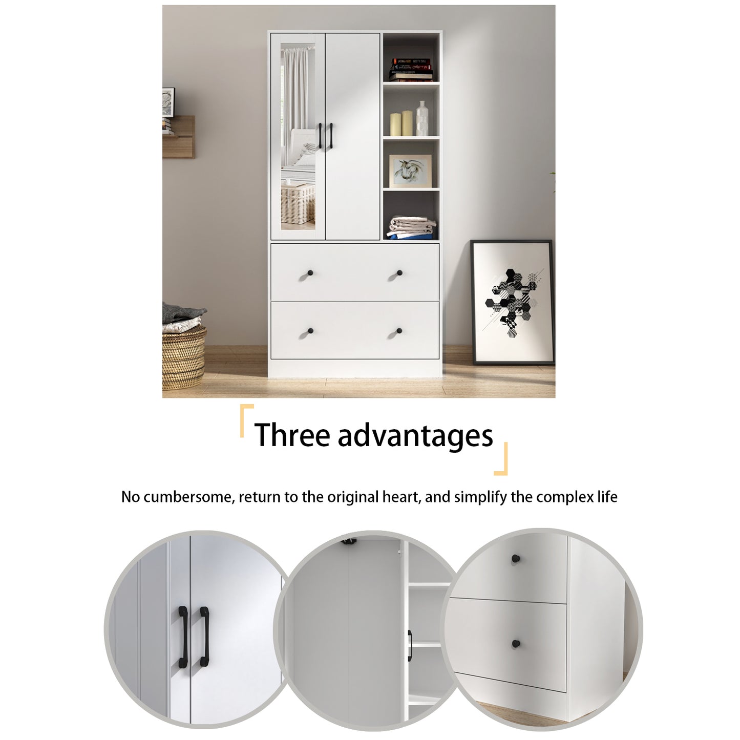 AIEGLE Mirrored Wardrobe Armorie with Drawers and Side Shelves, Modern Bedroom Closet Cabinet with Telescopic Clothes Rail, White