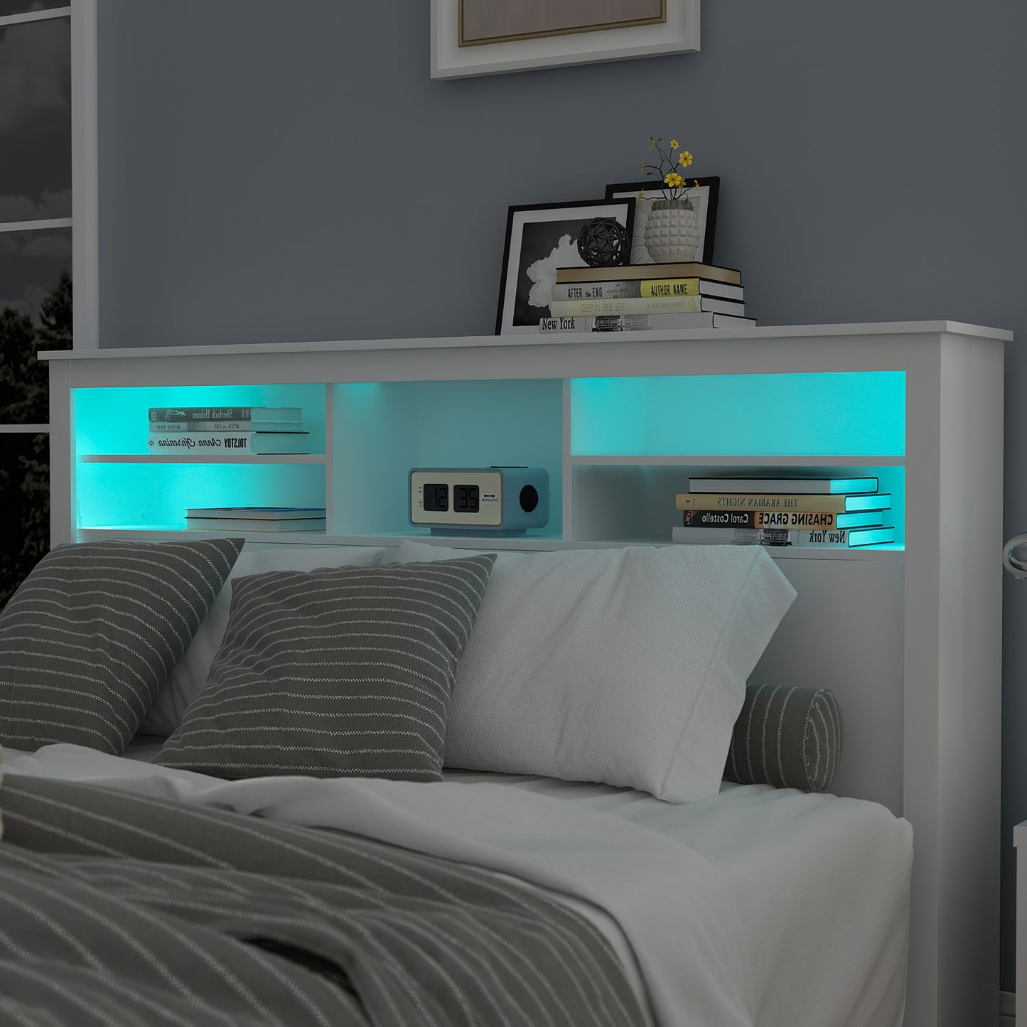 Timechee Bookcase Headboard with LED Light and Remote, Wood Full Queen Bookcase Headboard with Storage Shelf White