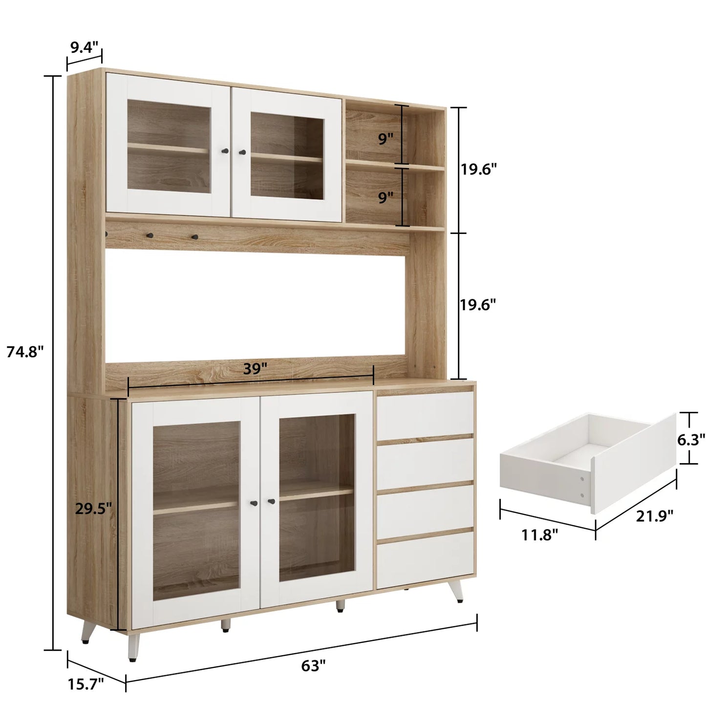 MONSLIPA Kitchen Pantry Storage Cabinet, Kitchen Hutch Sideboard Buffet with Glass Door and 4 Storage Drawers, Oak&White