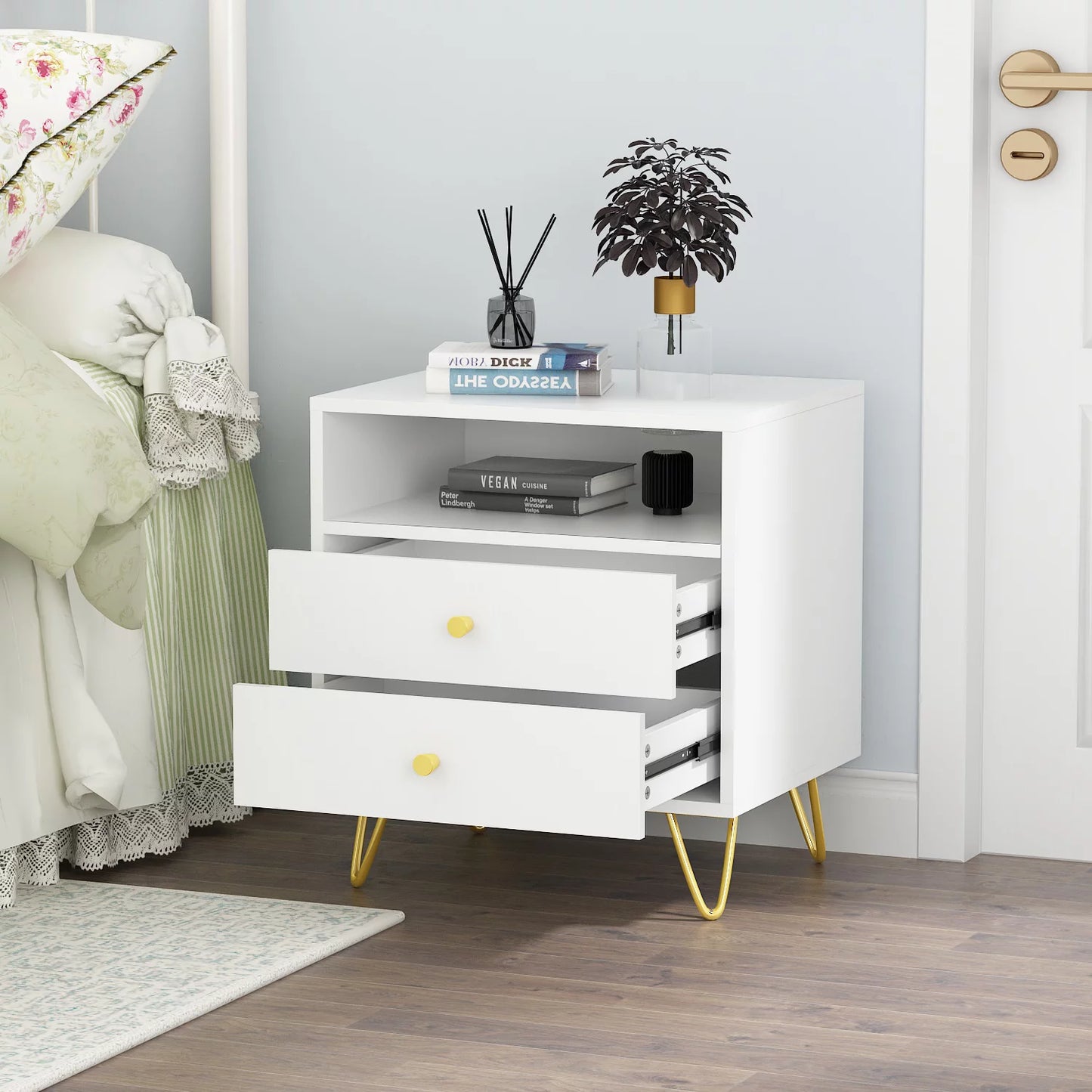 MONSLIPA Set of 2 Nightstand Bedside Table, White End Table with Storage Drawer and Open Shelf