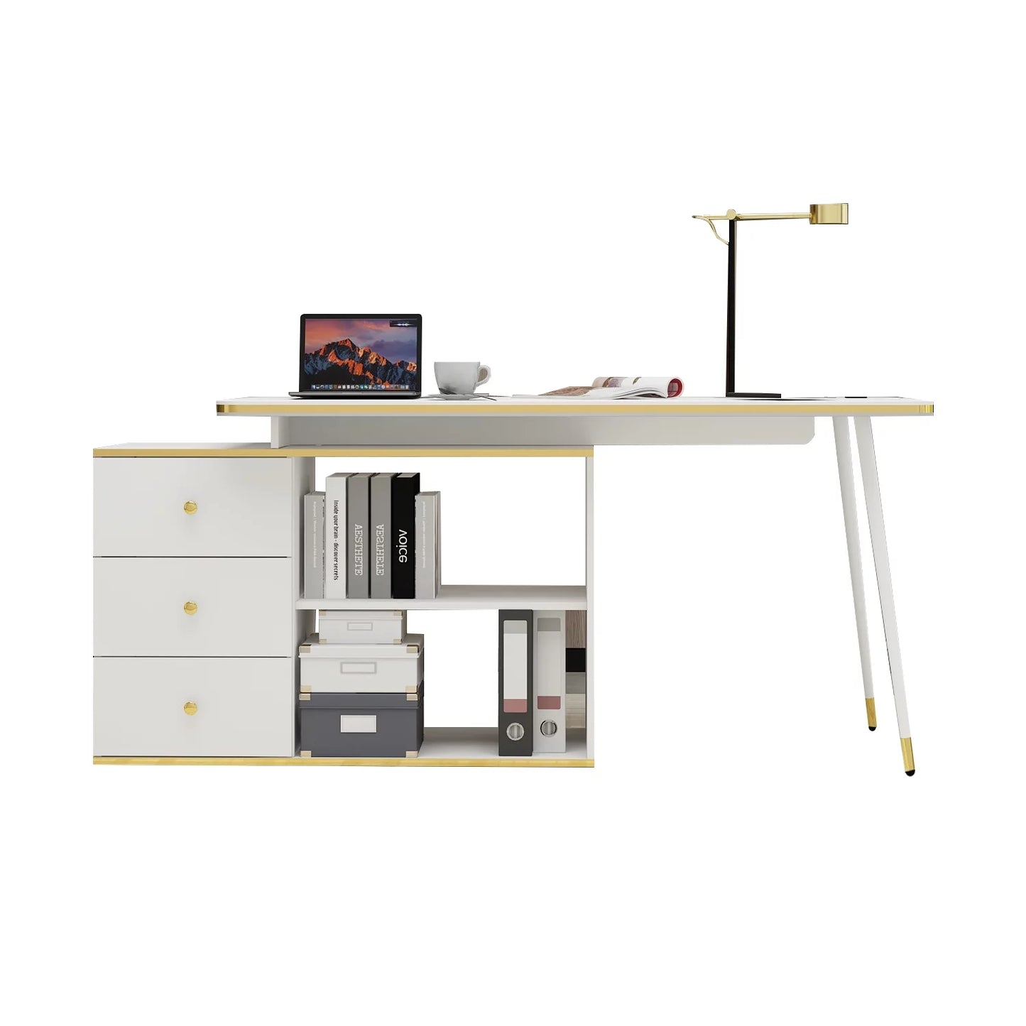 MONSLIPA L Shaped Desk with Storage Shelf and 3 Drawers, Home Office Writing Desk Workstation with Metal Legs, White, 55.1"