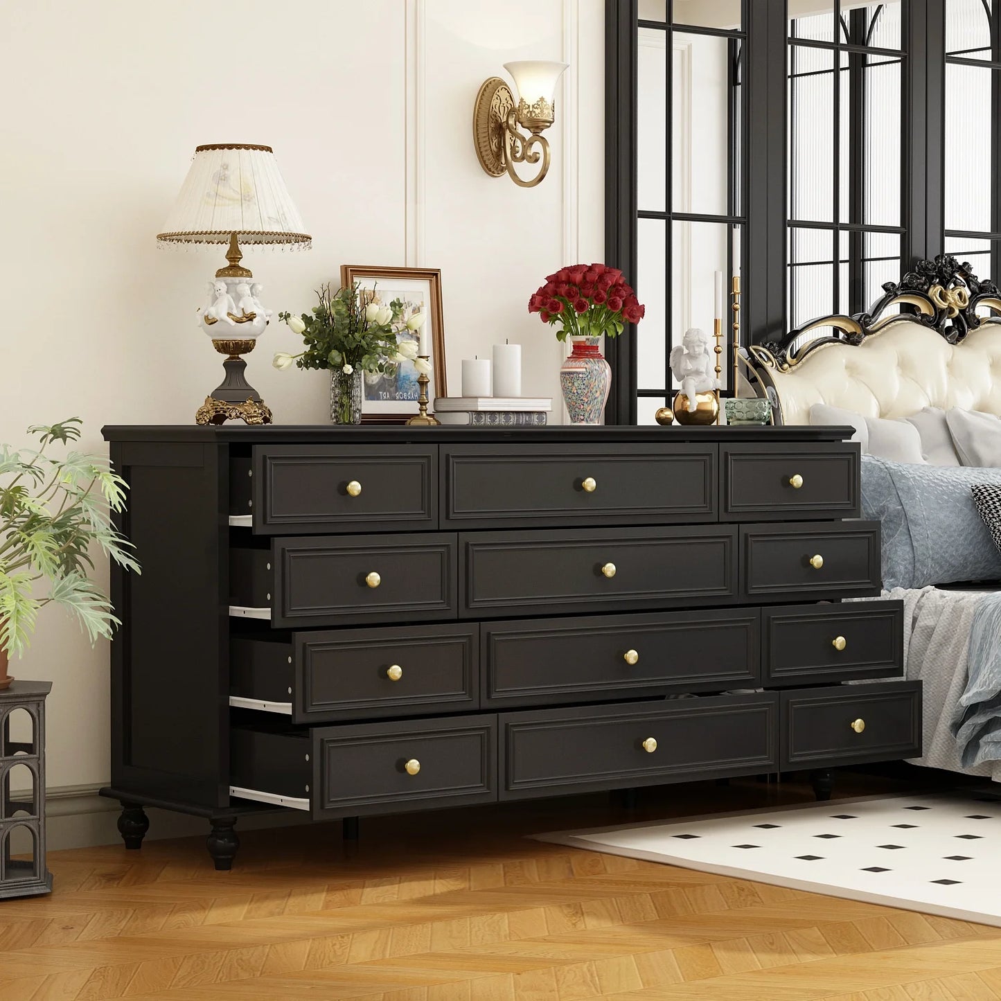 MONSLIPA 12 Drawer Dresser, Wooden Chest of Drawer for Living Room Bedroom , Black