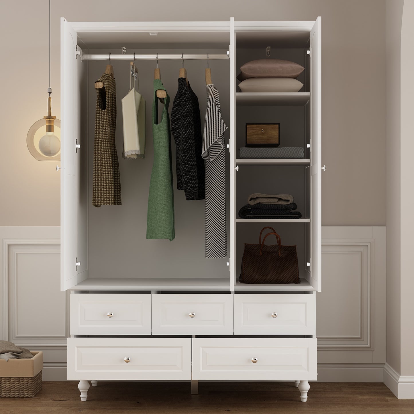 MONSLIPA White Wardrobe with Mirror, Modern 3-Door Armoire with Hanging Rod and 5 Drawers for Closet Bedroom