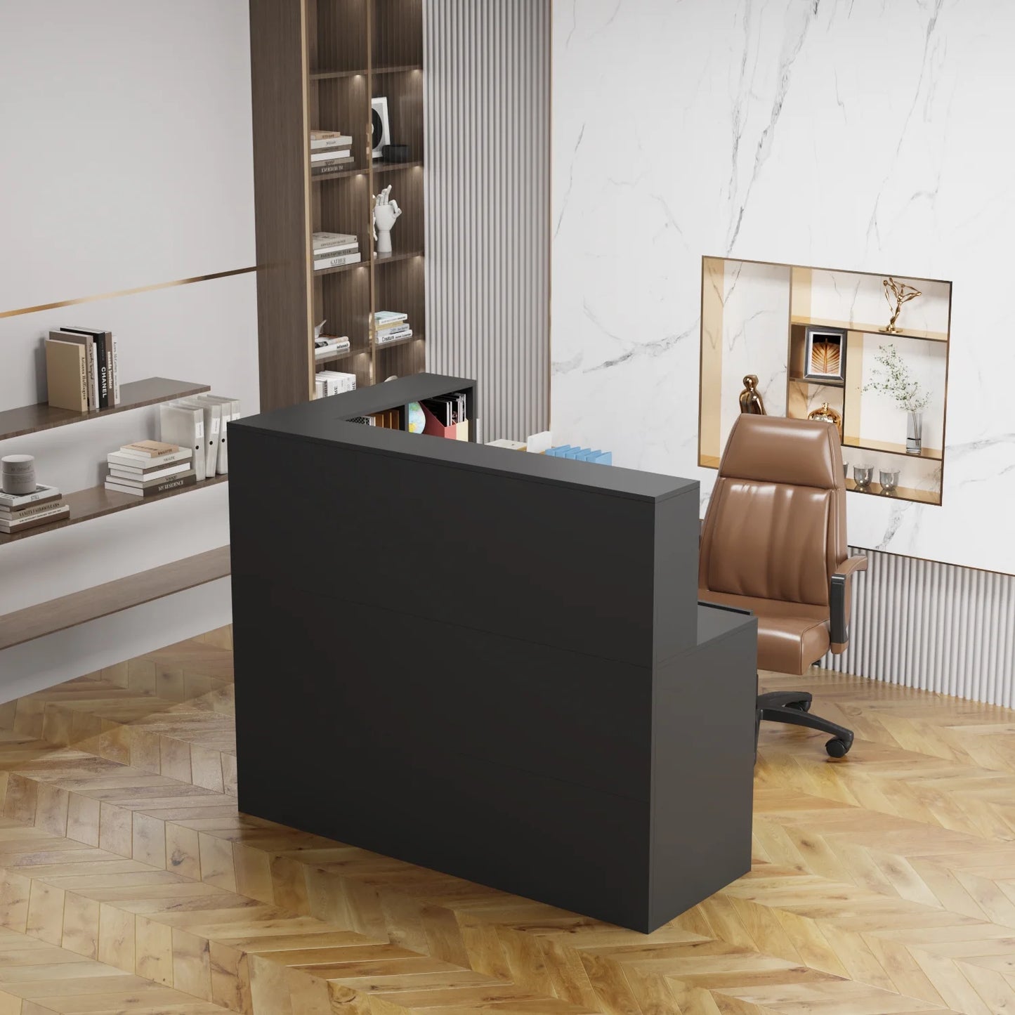 MONSLIPA L-Shape Wood Reception Desk with , Register Stand Reception Center Desk, Black