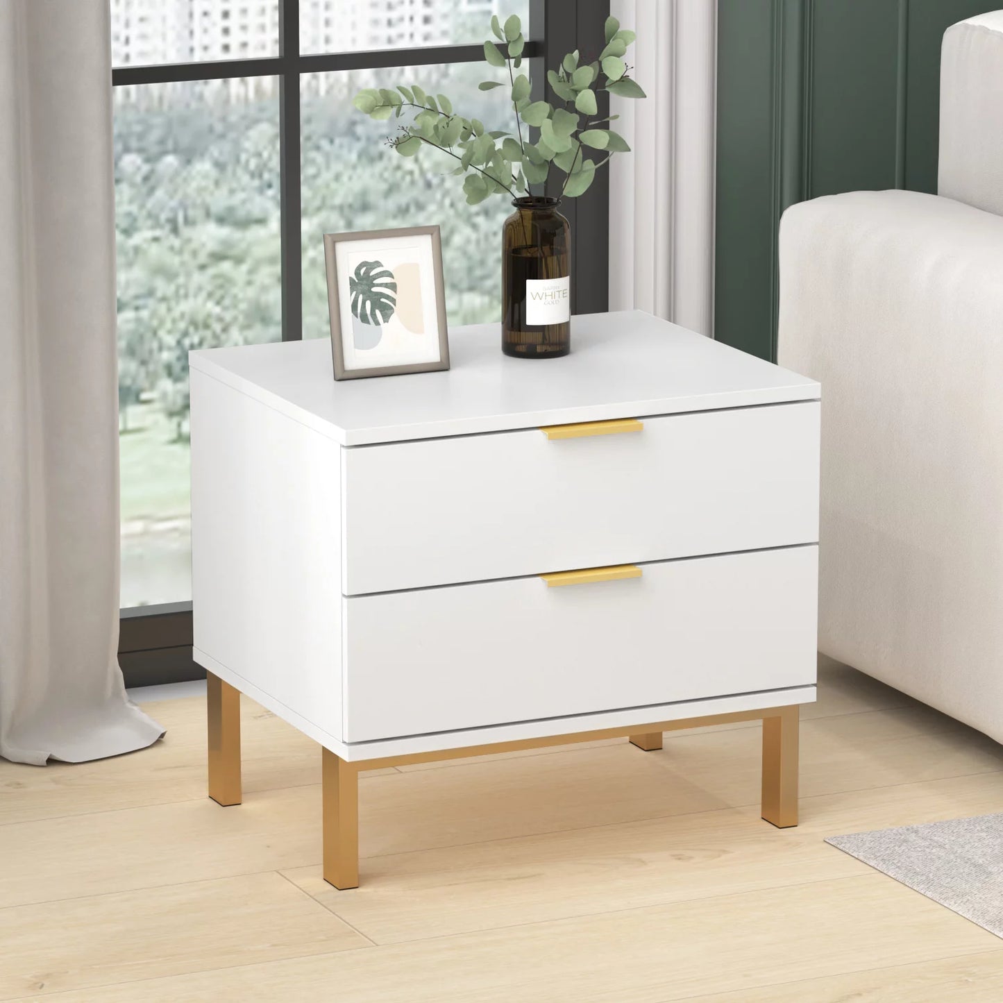 MONSLIPA Nightstand with 2 Drawers, End Table Storage Wood Cabinet Bedroom Accent Side Table, White