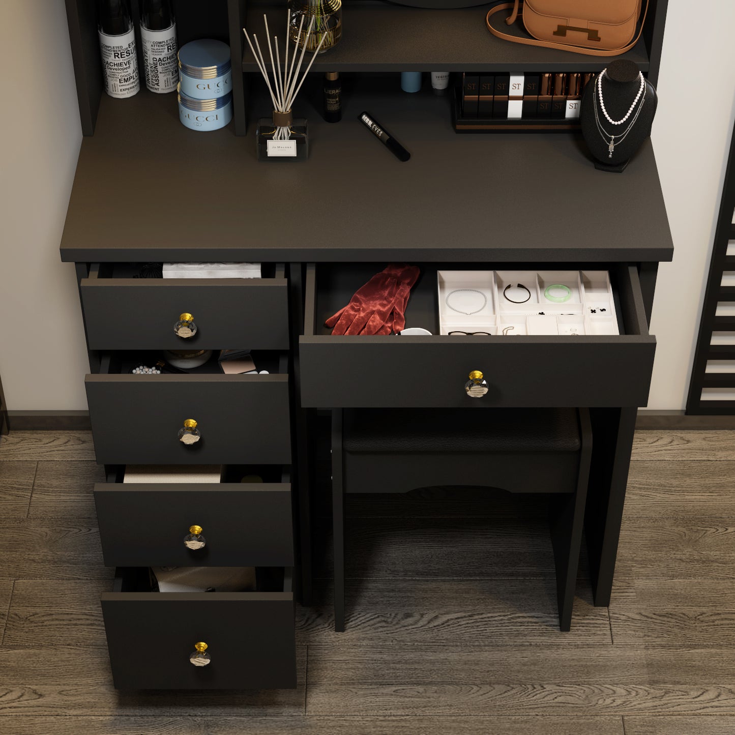 Vanity Table with Light Round Mirror, Makeup Drssing Desk with Drawers for Bedroom Black