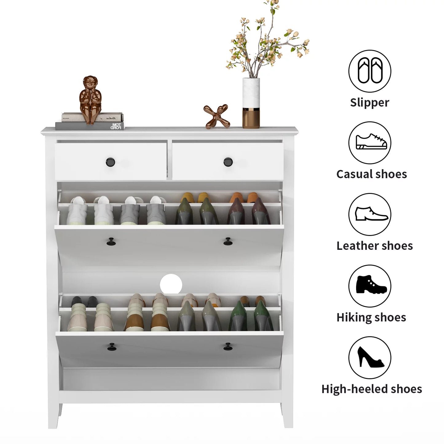 MONSLIPA White Shoe Storage Cabinets,Free Standing Shoe Organizer with Drawers, Narrow 3 Tier Entryway Hidden Shoe Rack with 2 Flip Doors for Entryway