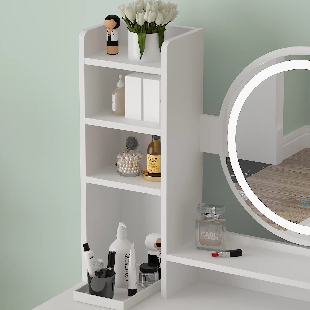 MONSLIPA Modern Vanity Table with Mirror, LED Lights, Makeup Dressing Table with Lighted Mirror, Stool, Open Shelves and 4 Drawers, White, Ideal for Bedroom, Girlfriend Gift