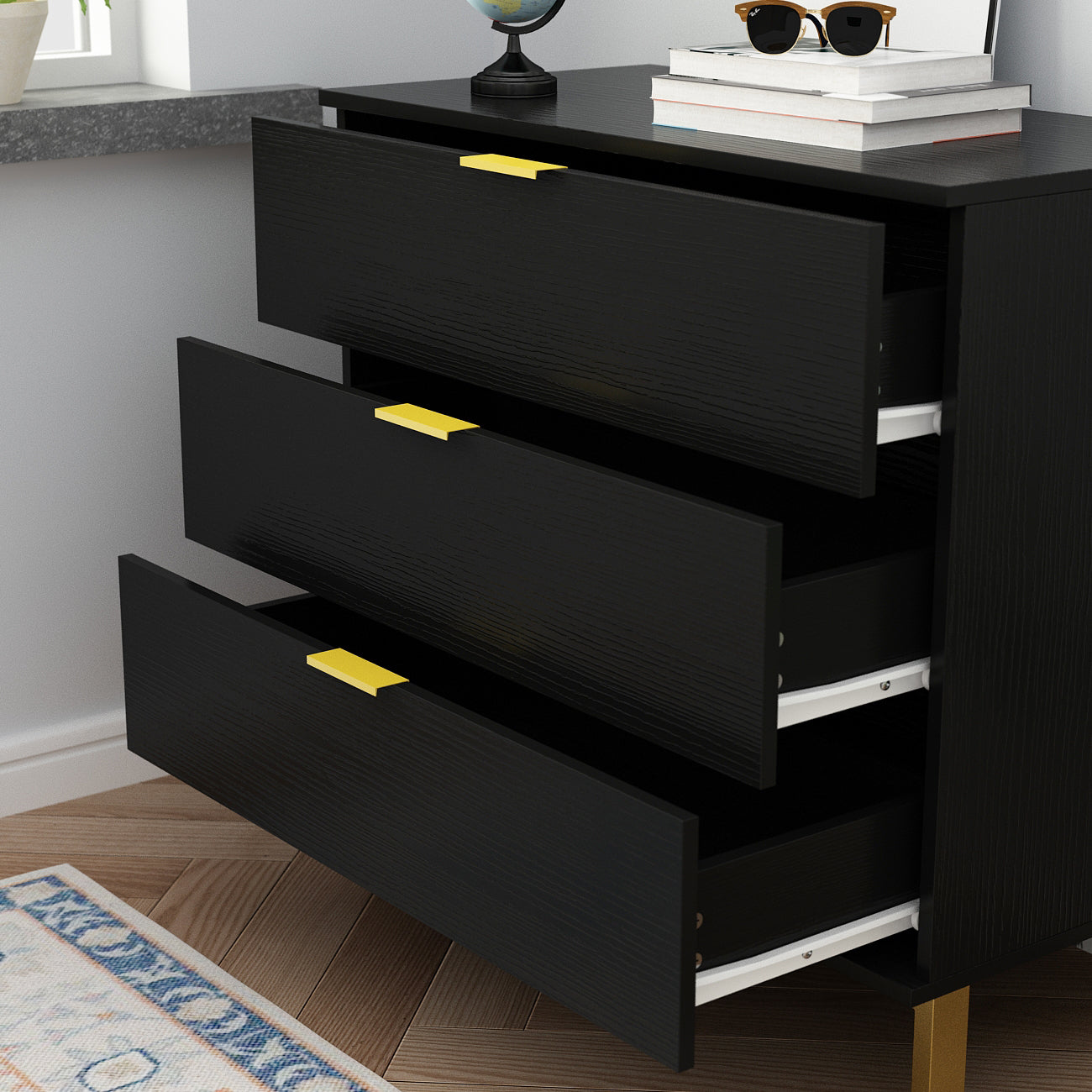 Timechee Black Bedside Table, 3 Drawer Dresser with Gold Metal Legs for Bedroom