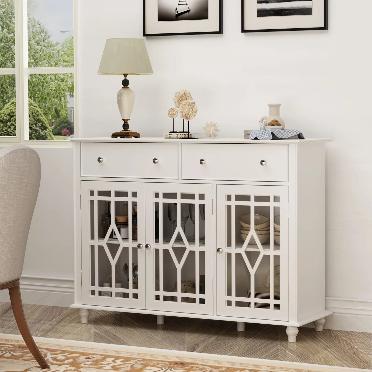 MONSLIPA 3-Door Buffet Sideboard with Drawer, White Accent Storage Cabinet with Glass Door for Entryway Kitchen Dining Room, 47.2"