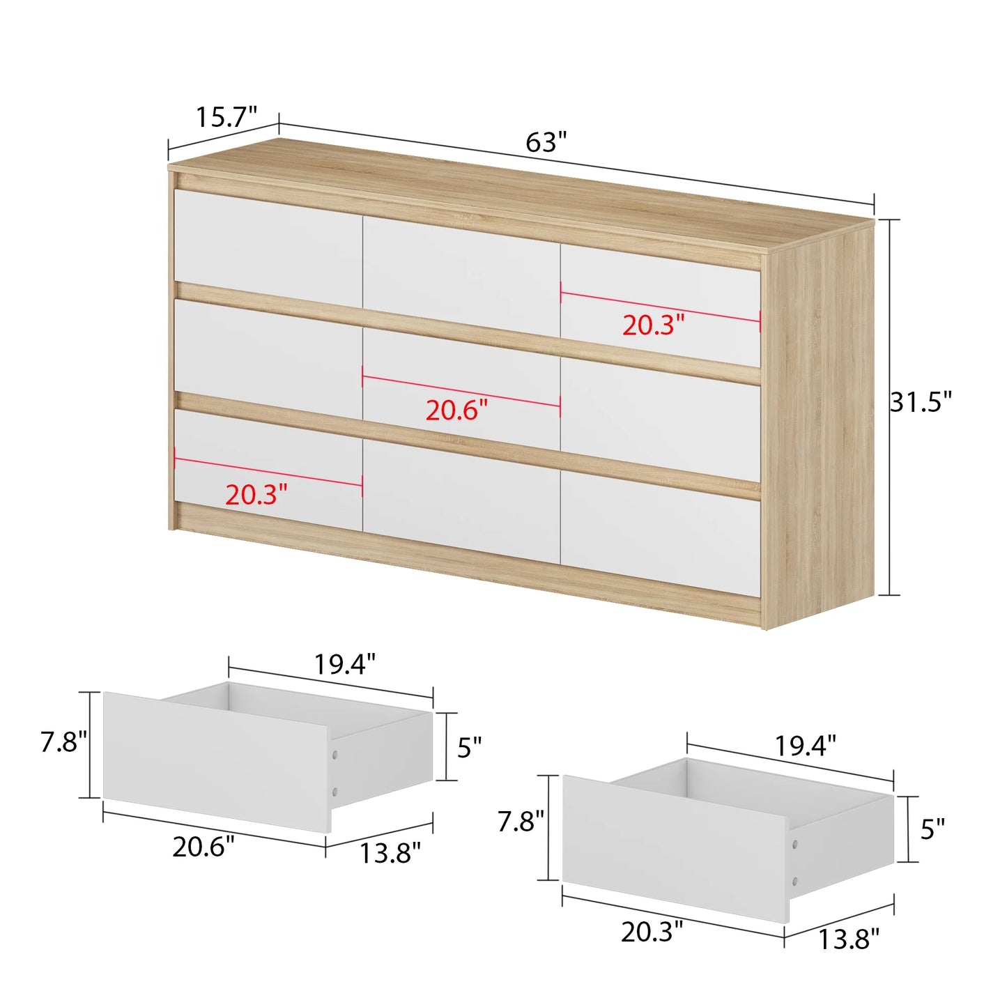 MONSLIPA Chest of Drawers 9 Drawer Dresser, Modern Wooden Storage Dresser for Bedroom Hallway, White and Oak