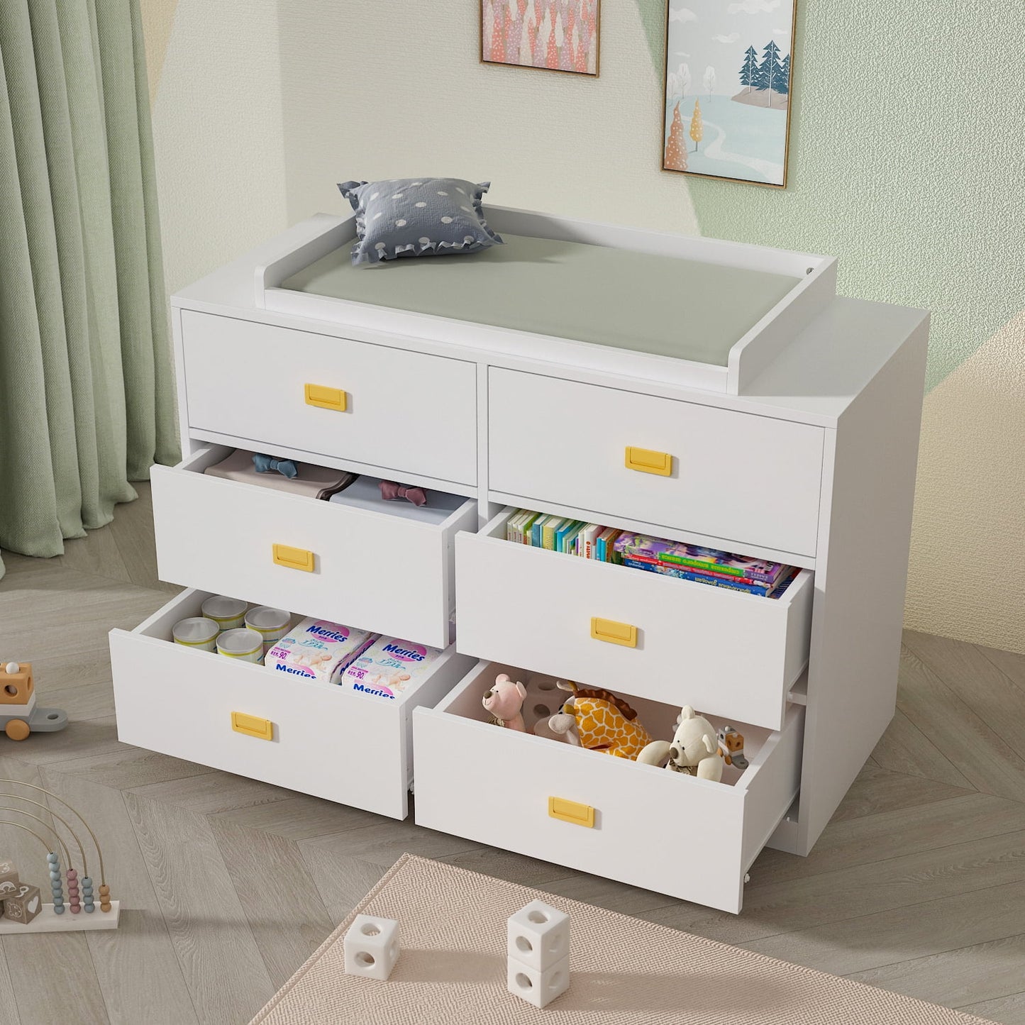 MONSLIPA 6 Drawer Double Dresser, Nursery Dresser Chest with Changing Table Top, White