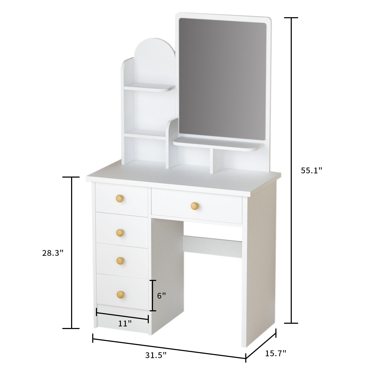 Timechee Vanity Set with Mirror, Makeup Vanity Dressing Table with 5 Drawers, Shelves, Dresser Desk and Cushioned Stool Set (White/ Mirror)