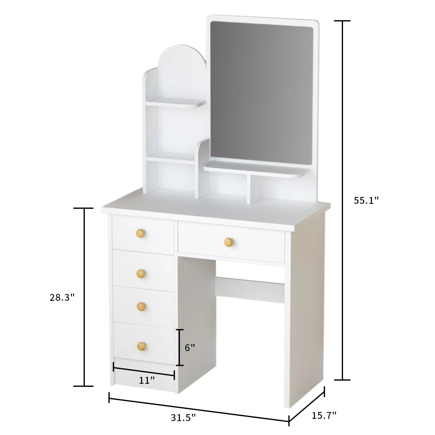 MONSLIPA Makeup Vanity Dressing Table with Lighted Mirror and 5 Drawers, Shelves, Dresser Desk with Cushioned Stool