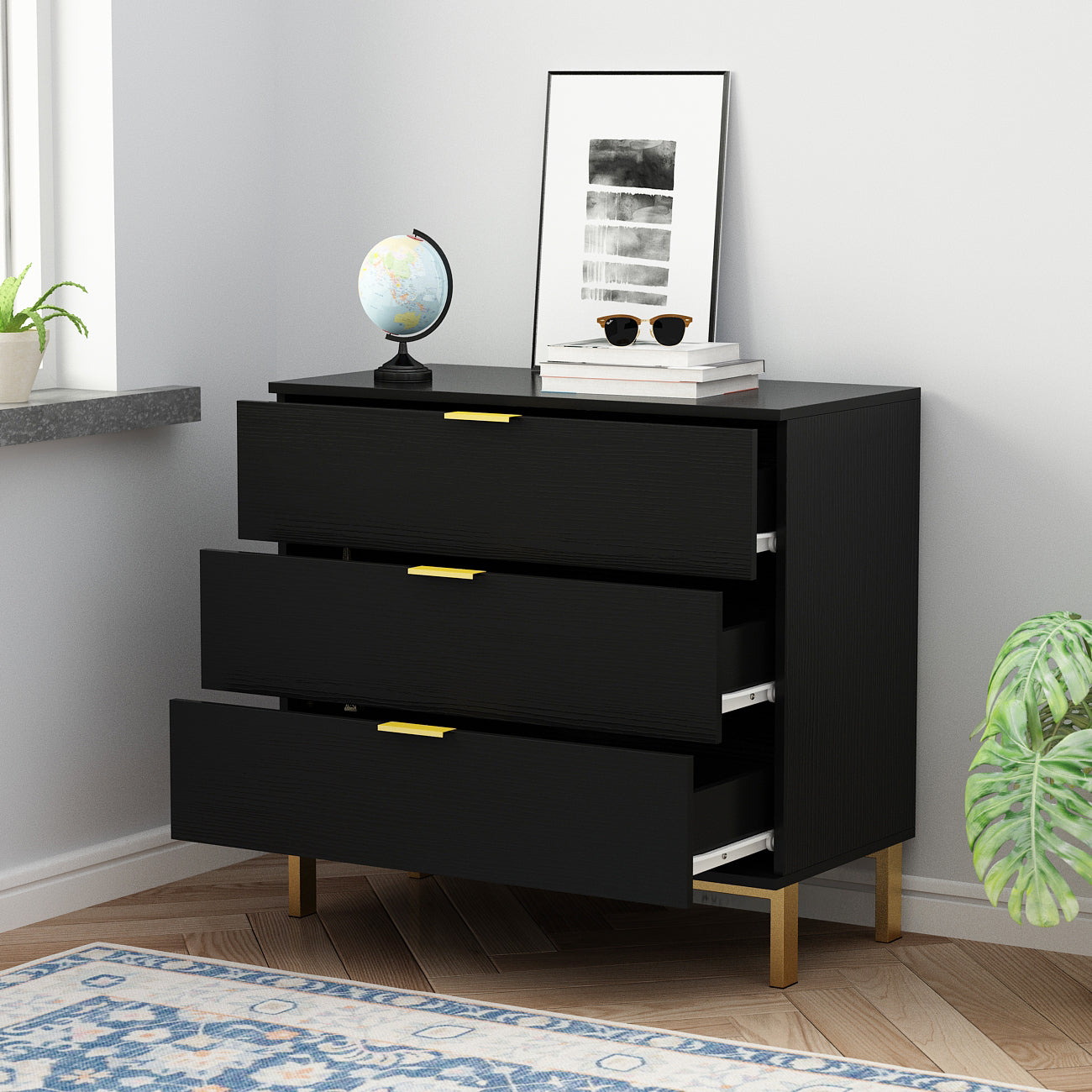 Timechee Black Bedside Table, 3 Drawer Dresser with Gold Metal Legs for Bedroom