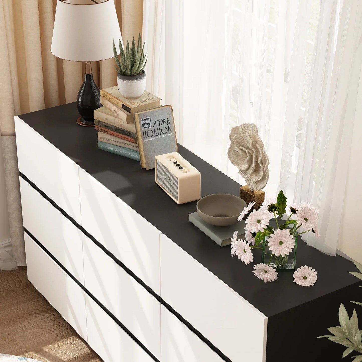 MONSLIPA 9 Drawer Dresser, Modern Chest of Drawer Dresser for Bedroom Hallway, White & Black