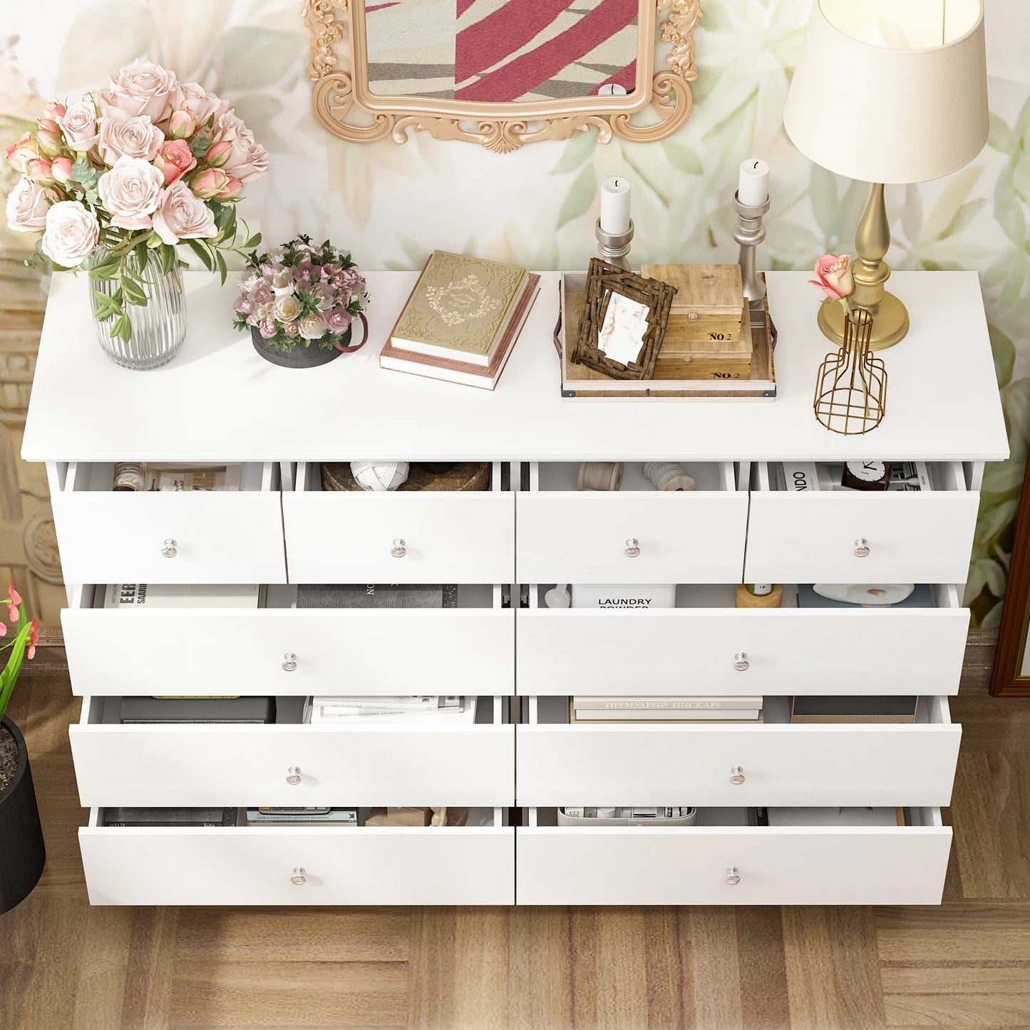 MONSLIPA 10 Drawer Dresser, 55.1'' W Double Dresser Chest of Drawers for Bedroom Closet White