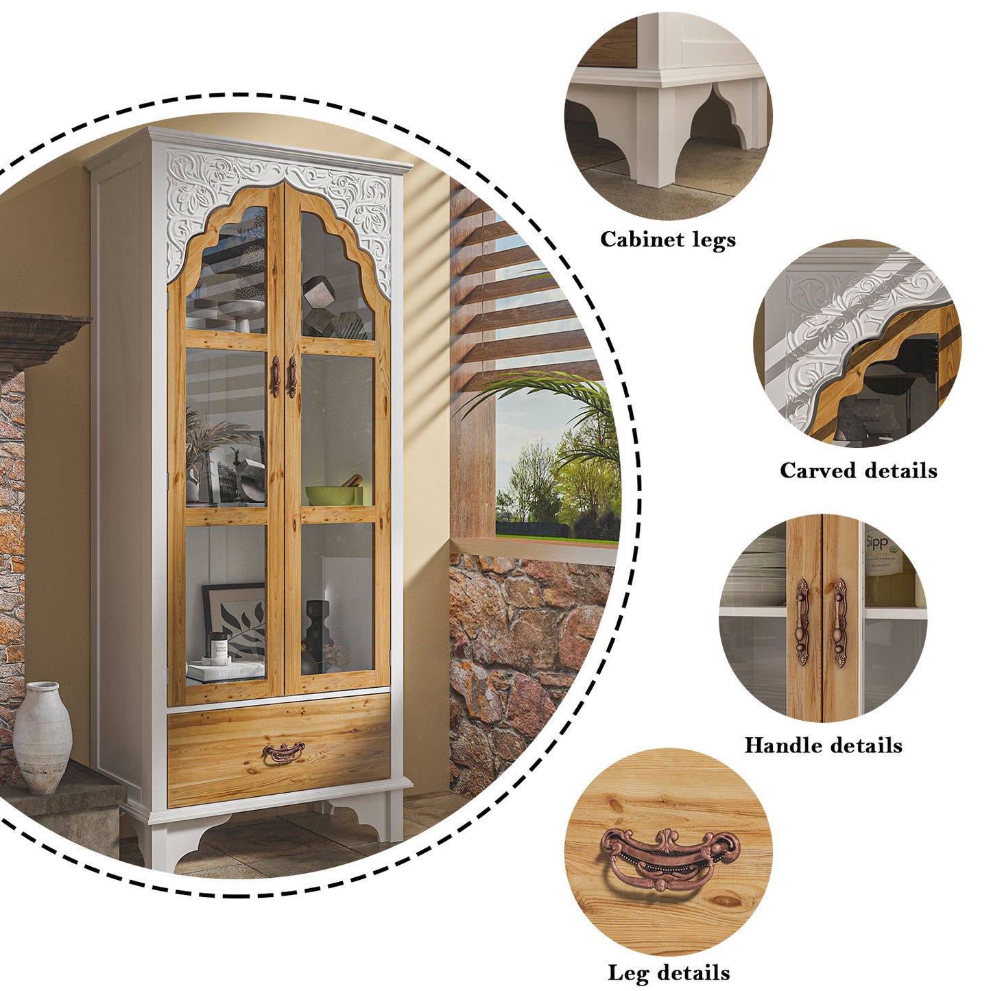 MONSLIPA Glass Display Cabinet with Arched Glass Door, Bookcase, Storage Pantry with 3-Tier Shelves and Drawer