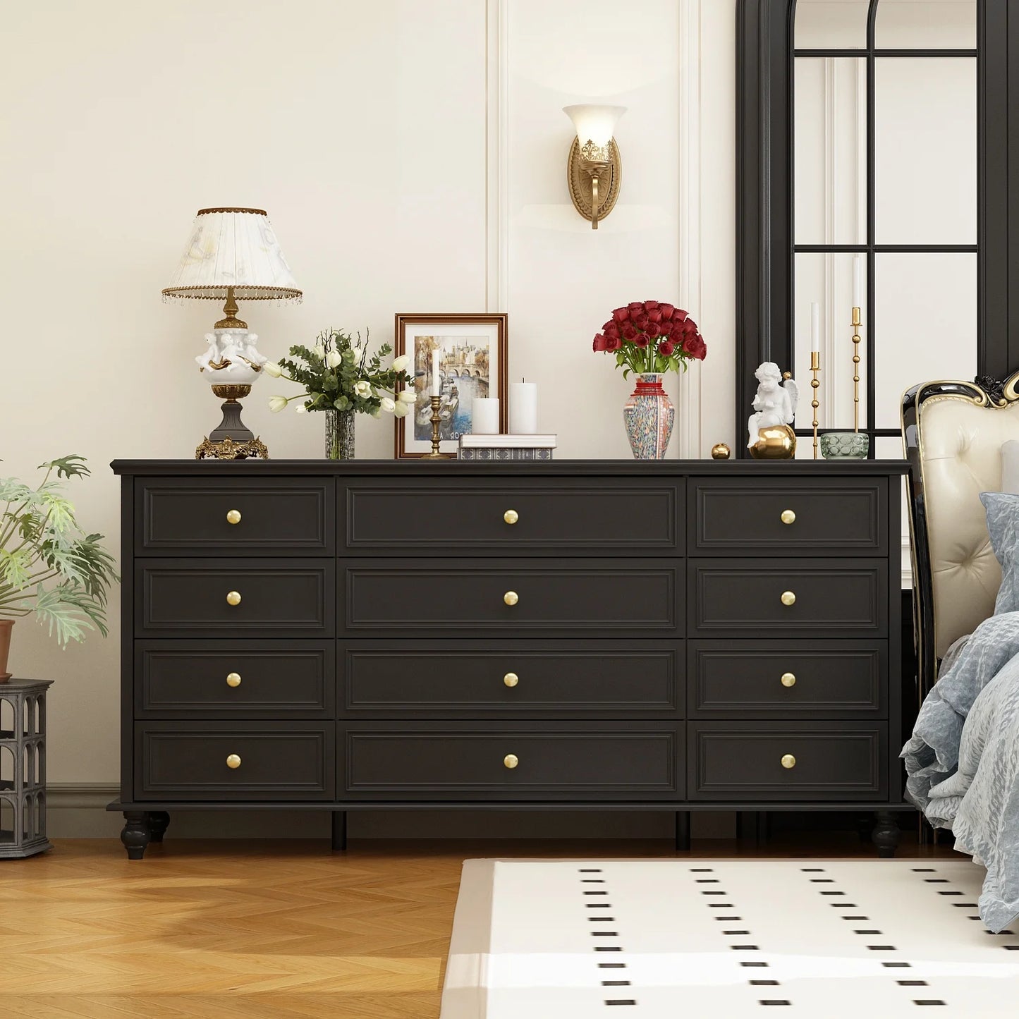 MONSLIPA 12 Drawer Dresser, Wooden Chest of Drawer for Living Room Bedroom , Black