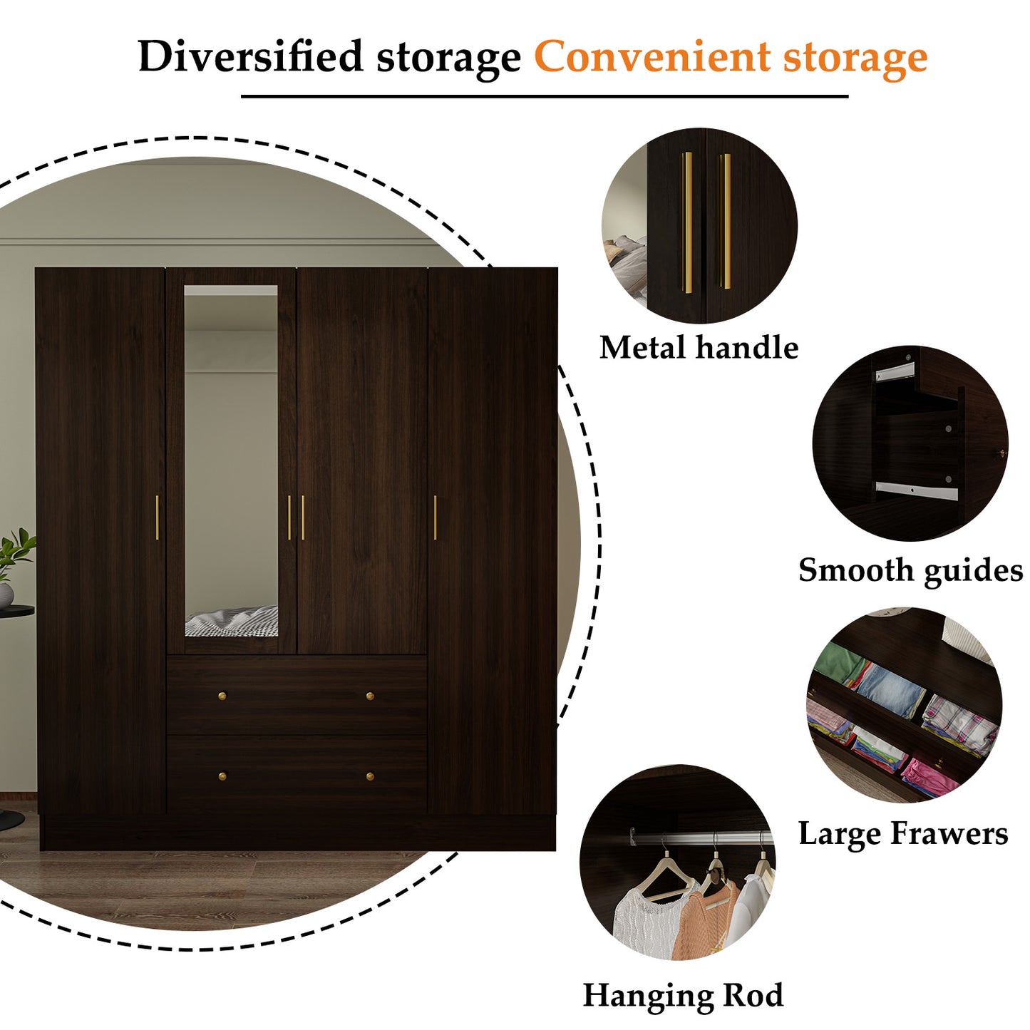 MONSLIPA 4-Door Wardrobe Amoire Closet with Mirror, 2 Drawers and Hanging Rod for Bedroom Espresso