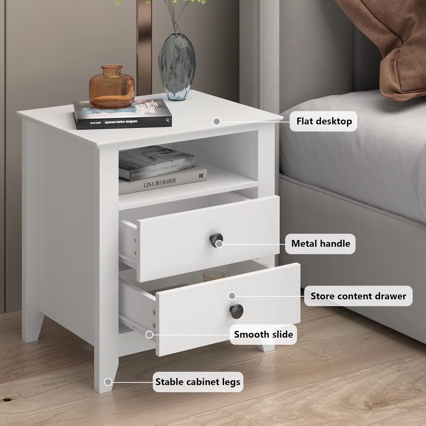 MONSLIPA Nightstand Bedside Table with 2 Drawers and Storage Shelves, Side Sofa End Table for Living Room Bedroom, White