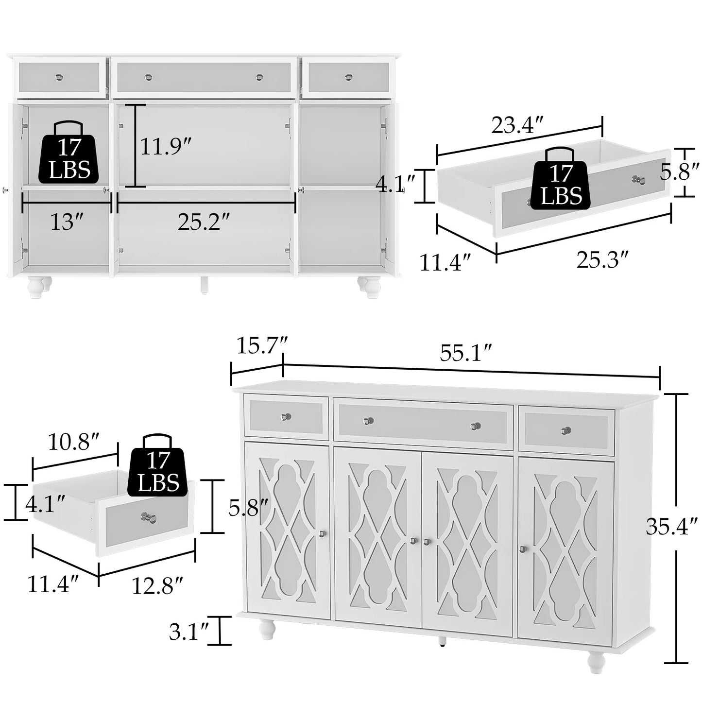 MONSLIPA Accent Cabinet with Drawers, Wooden Mirrored Buffet and Sideboard for Living Room