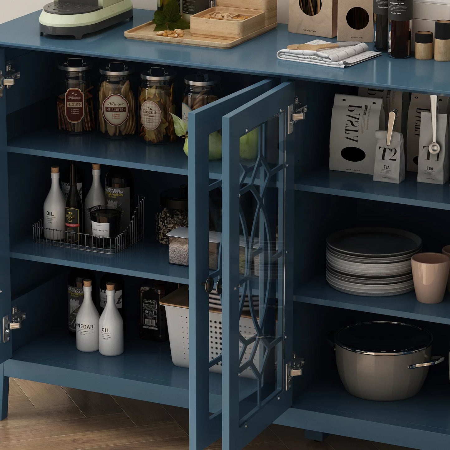 MONSLIPA Buffet Sideboard with Glass Doors,Wood Console Table Serving Storage Cabinet for Dining Room, Blue