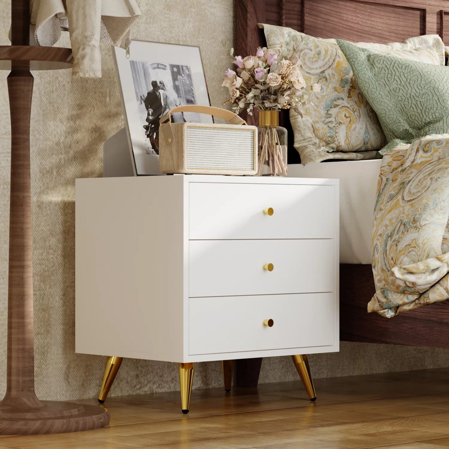 MONSLIPA White Nightstand Bedside Table with 3 Storage Drawers for Bedroom