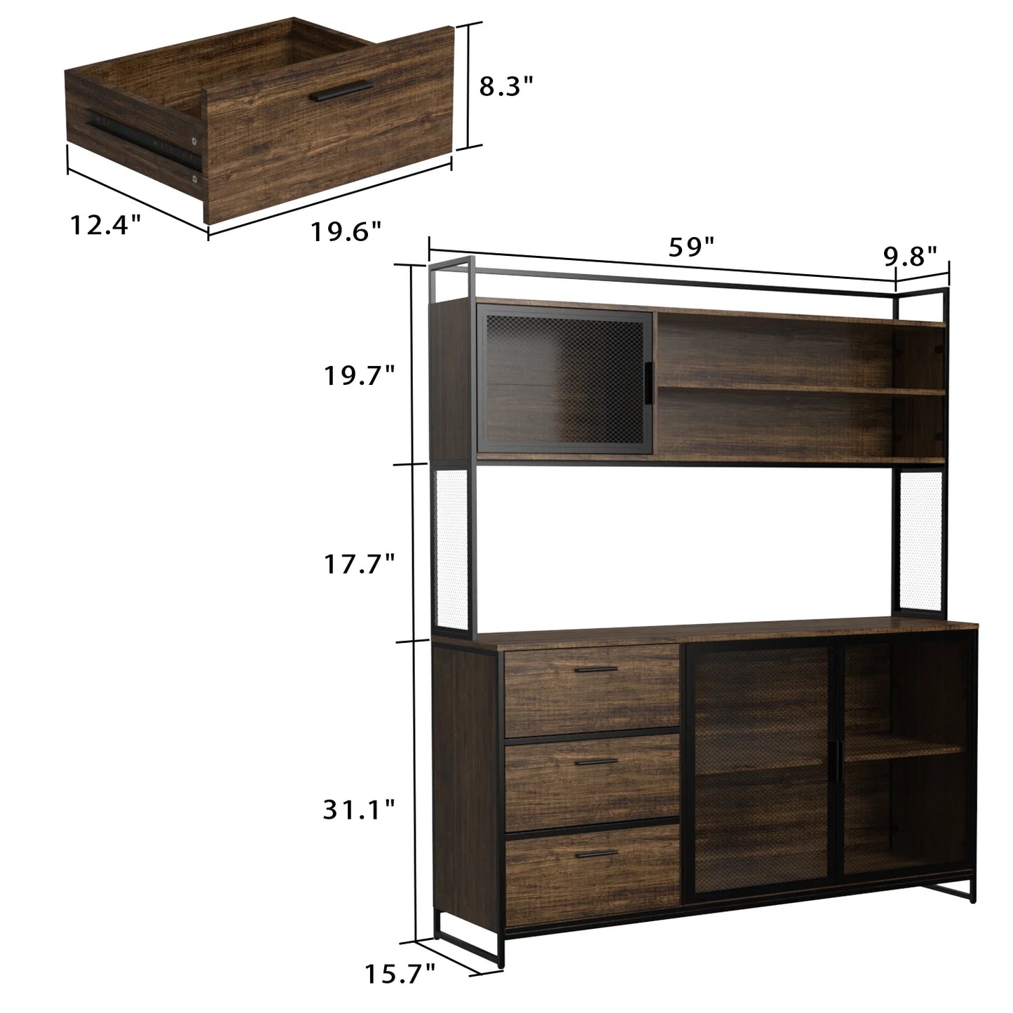 MONSLIPA Kitchen Pantry Storage Cabinet, Sideboard Buffet with Hutch, Metal Mesh Door and 3 Storage Drawers, White