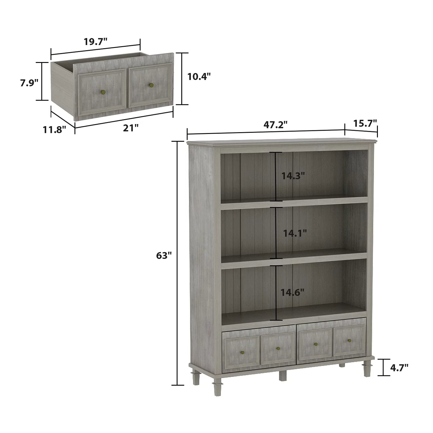 MONSLIPA Bookshelf and Bookcase with and 3 Shelves and 2 Drawers, Standing Storage Cabinet for Living Room Home Office, Gray