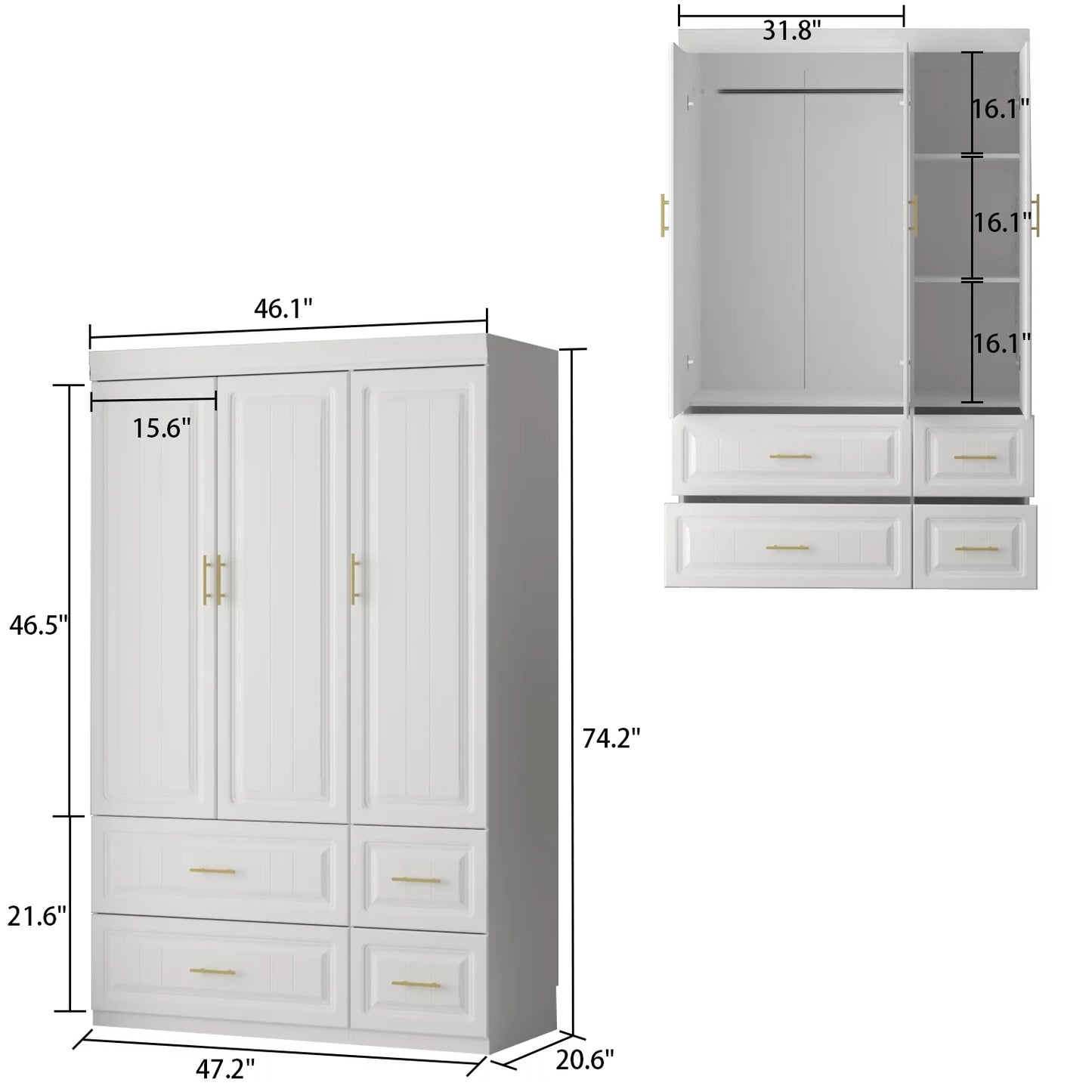 MONSLIPA White Wardrobe Armoire with Hanging Rod, Top Cabinet and Drawers for Bedroom