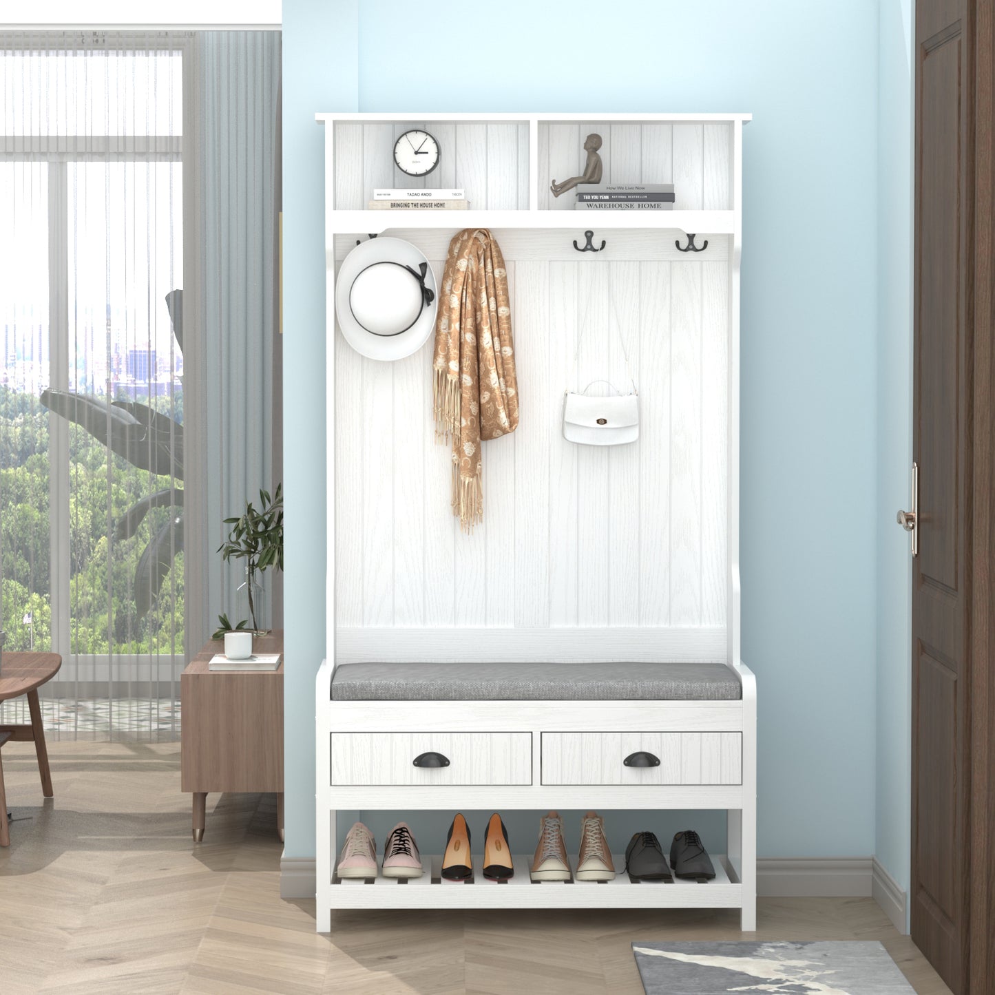 Timechee White Hall Tree, Storage Bench and Coat Rack