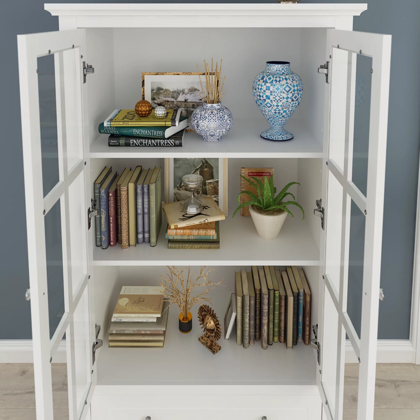 MONSLIPA Display Cabinet with 2 Tempered Glass Doors, Storage Cabinet with 3 Shelves an 2 Deep Drawers, White