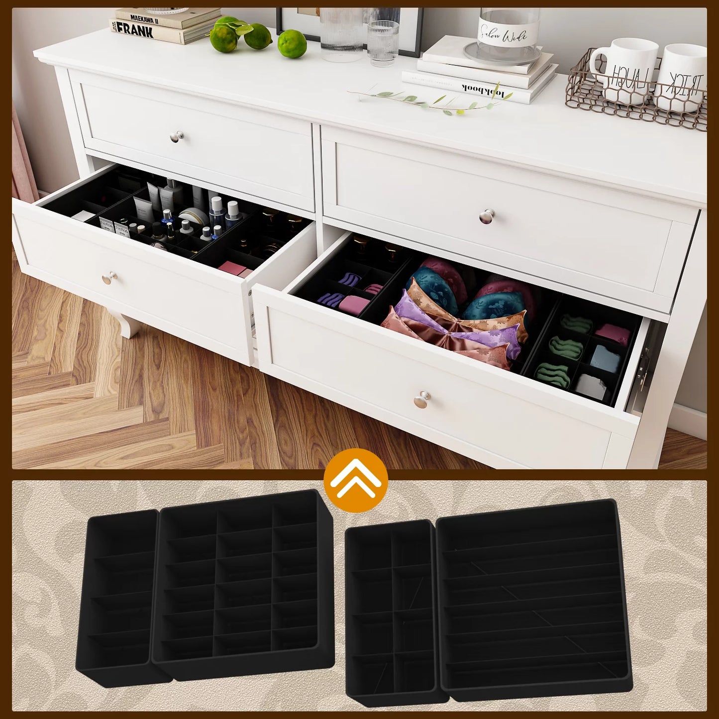 MONSLIPA Drawers Storage Dresser with Foldable Drawer Dividers, Chest of Drawer with 6 Drawer for Bedroom White