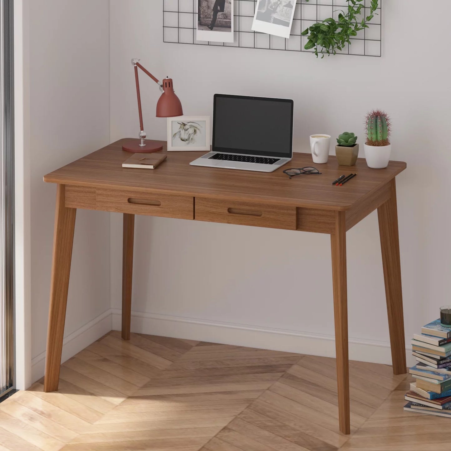 MONSLIPA Industrial Modern Wooden Desk with Storage Drawers, Office Computer Desk and Home Office Desk with Sturdy Wood Legs, 40" Long (Walnut)