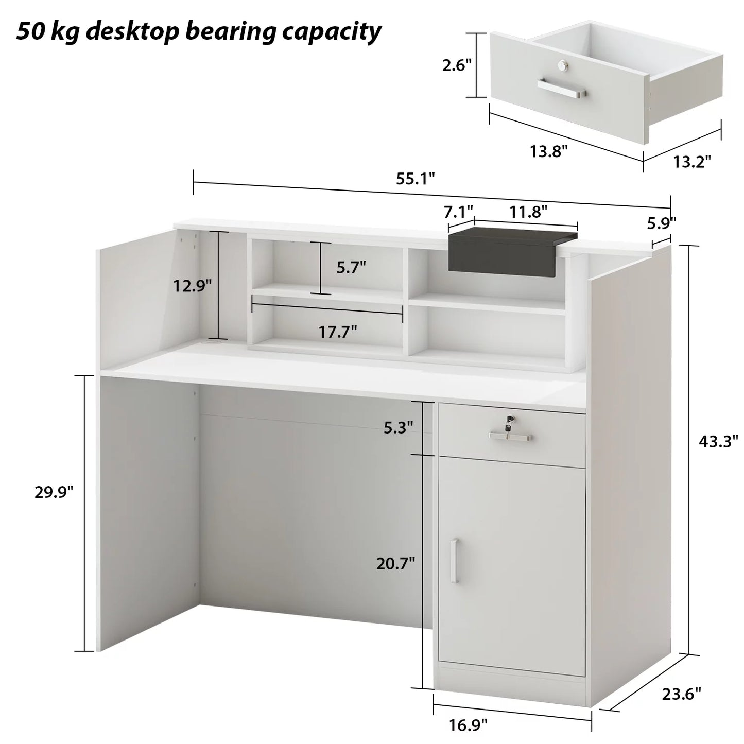 MONSLIPA Reception Desk with Hutch, Home Office Computer Writing Desk with Locked Drawer and Cabinet, White