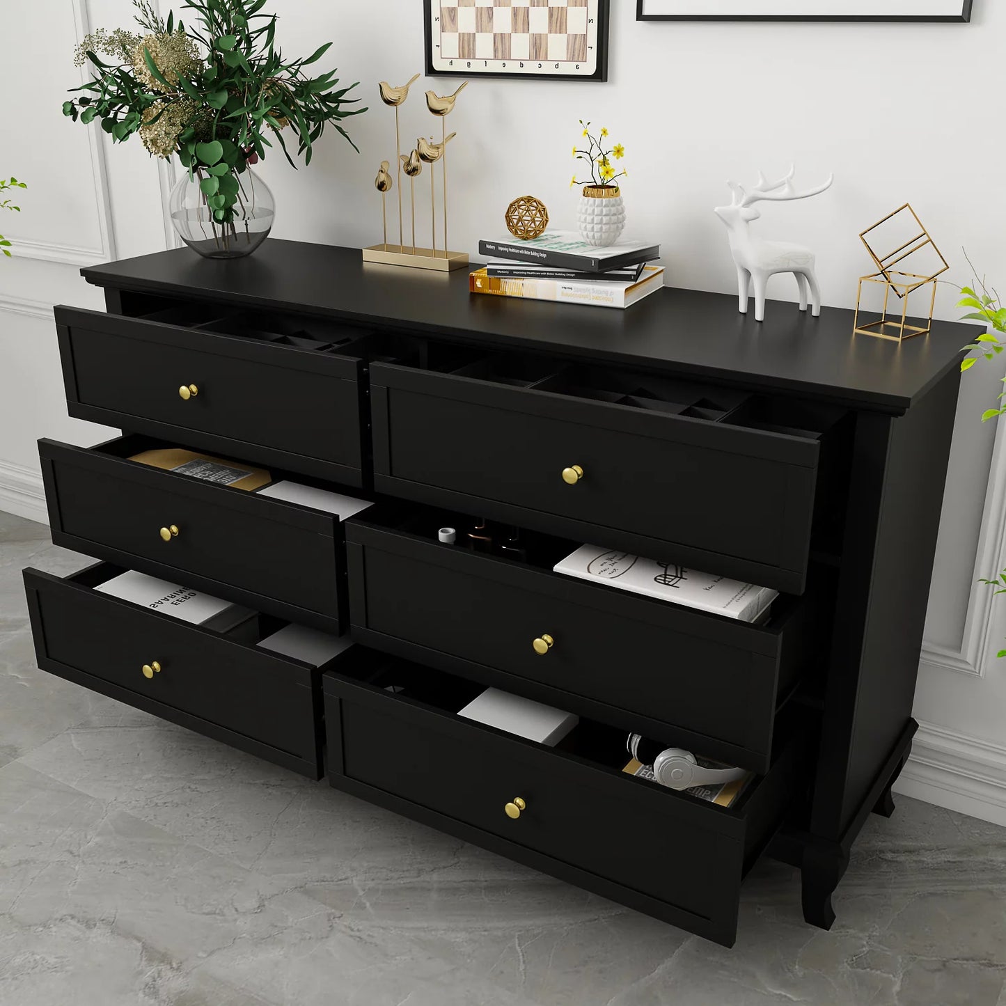 MONSLIPA Drawers Storage Dresser with Foldable Drawer Dividers, Chest of Drawer with 6 Drawer for Bedroom Black