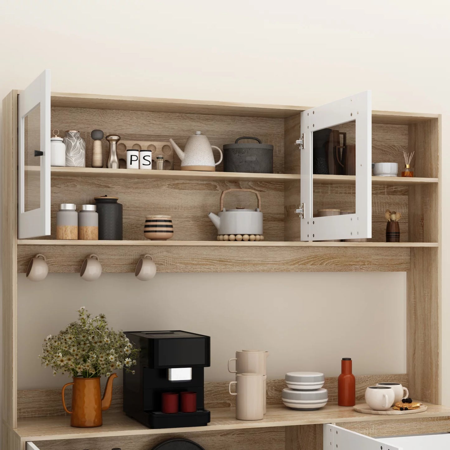 MONSLIPA Kitchen Pantry Storage Cabinet, Kitchen Hutch Sideboard Buffet with Glass Door and 4 Storage Drawers, Oak&White