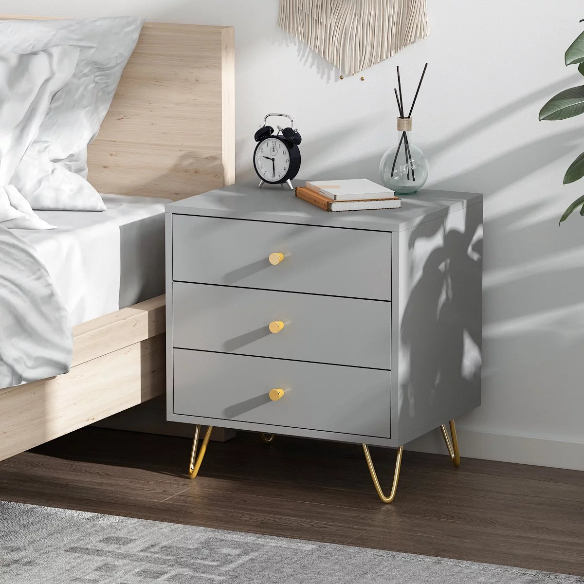 MONSLIPA Nightstand, End Table Bedside Table with 3 Drawers and Metal Legs for Bedroom Living Room, Gray