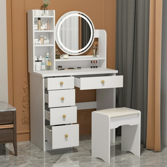 MONSLIPA Makeup Vanity Dressing Table with 5 Drawers and Cushioned Stool , Vanity Set with Round Mirror