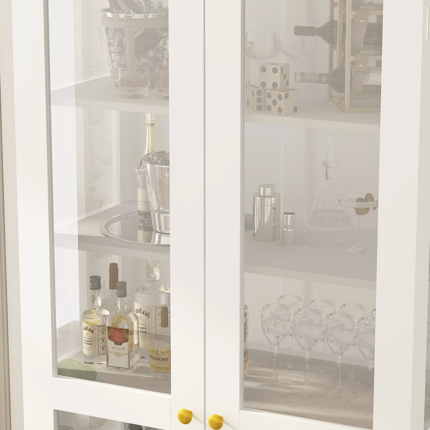 MONSLIPA Display Curio Cabinet with Tempered Glass Door, Bar and Liquor Storage Area with 6 Shelves - White